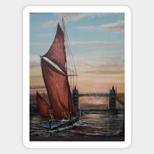 SAILING BARGE DANNEBROG AND TOWER BRIDGE AT SUNSET Sticker